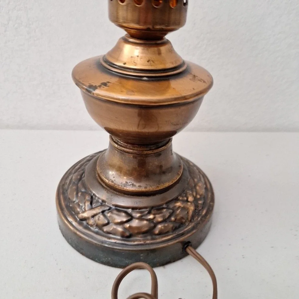 Victorian Style Vintage Table Hurricane Lamp COPPER BASE & AMBER HOBNAIL SHADE